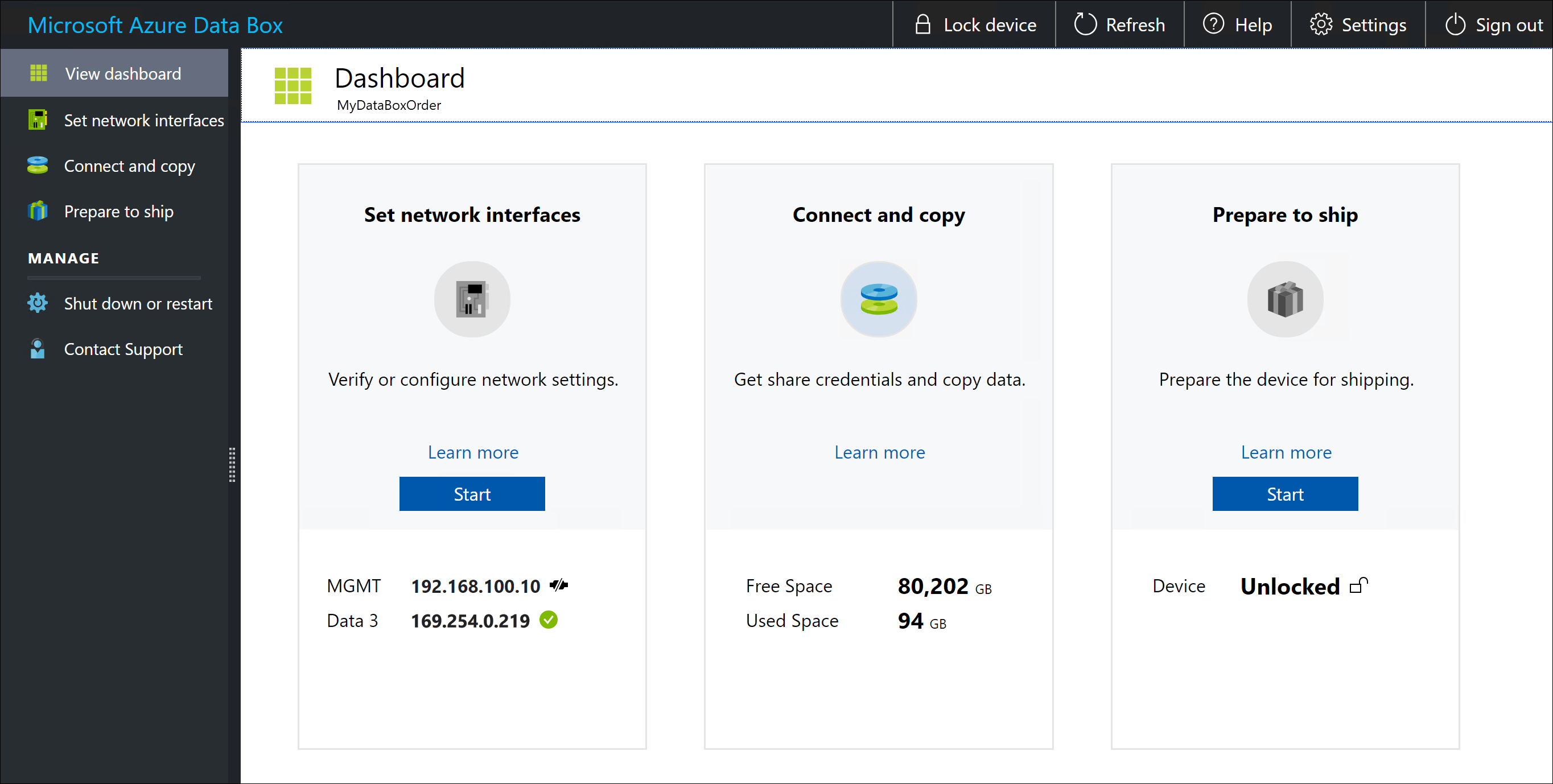 Interfaccia utente Web locale di Data Box