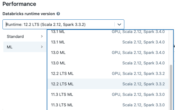 Selezionare Databricks Runtime ML