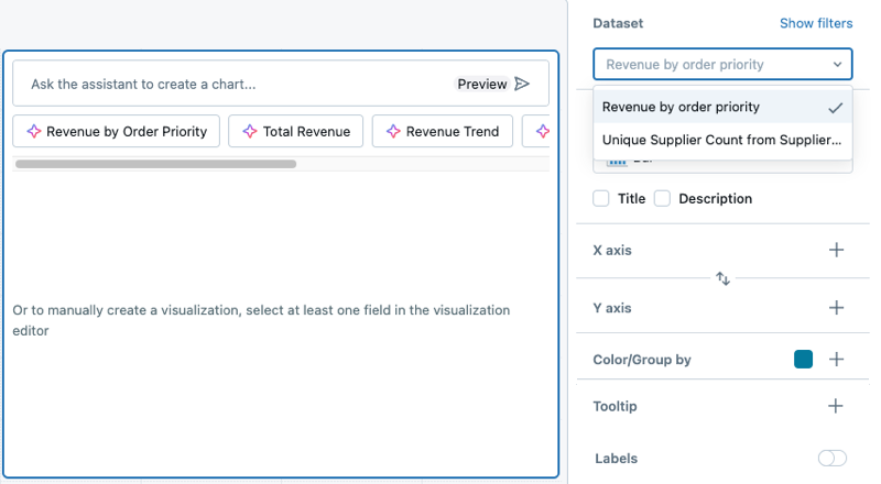 Un widget di visualizzazione vuoto e il pannello di configurazione della visualizzazione.