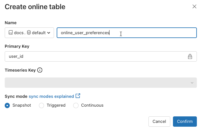 configurare online la finestra di dialogo table