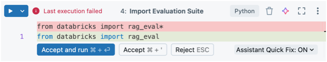 Screenshot dell'interfaccia utente della correzione di bug inline di Assistente di Databricks.