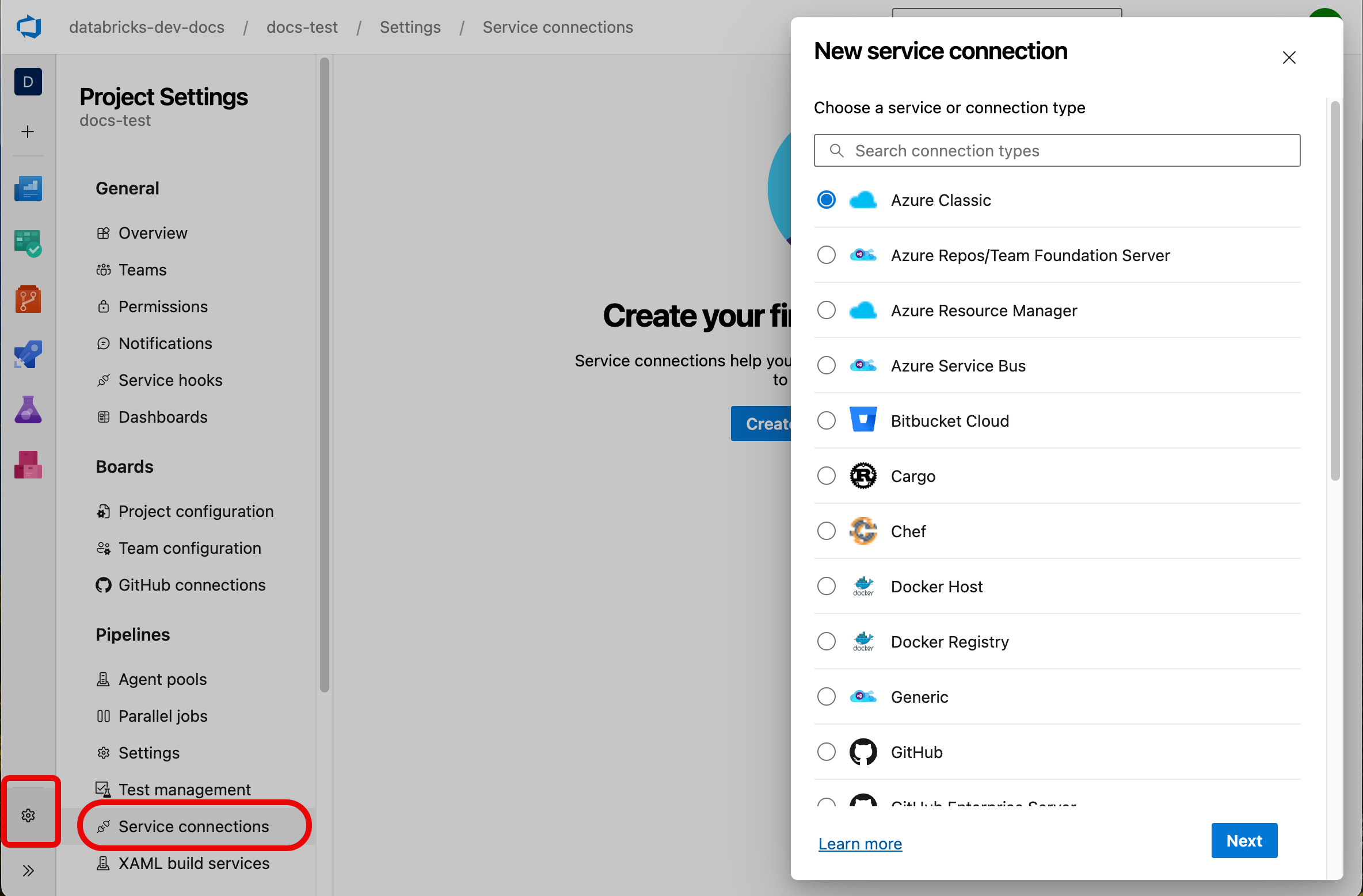 Selezionare Connessioni al servizio in Impostazioni progetto in Azure DevOps