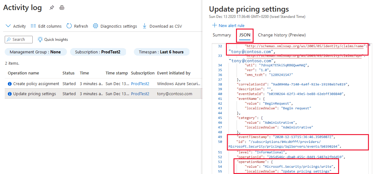 Screenshot di Esplora JSON del log attività di Azure.