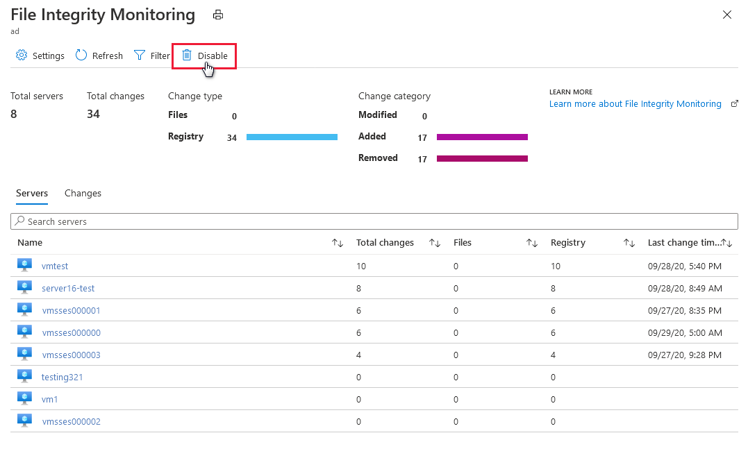 Screenshot of disabling file integrity monitoring from the settings page.