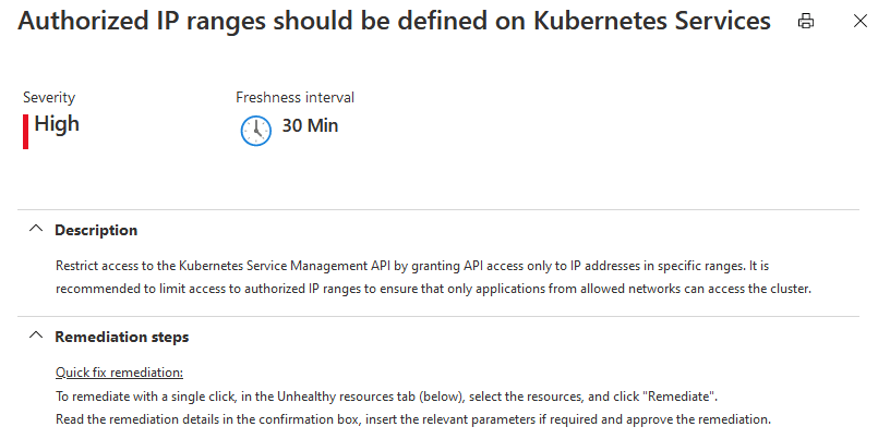 Gli intervalli IP autorizzati devono essere definiti nella raccomandazione dei servizi Kubernetes con l'opzione di correzione rapida.