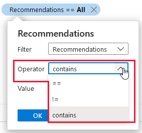 Controlli dell'opzione Operatore nei filtri dell'inventario degli asset