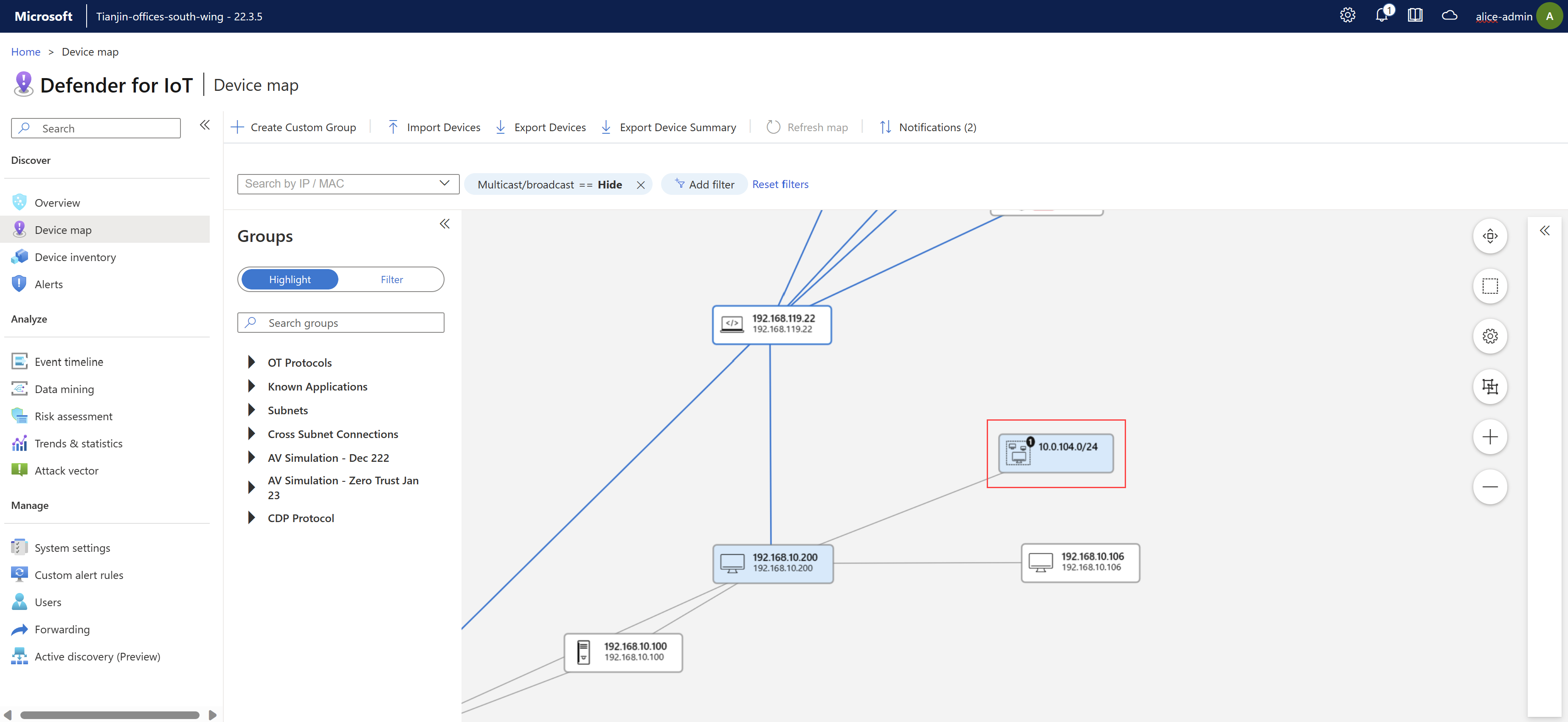 Screenshot di un dispositivo subnet nella mappa del dispositivo.