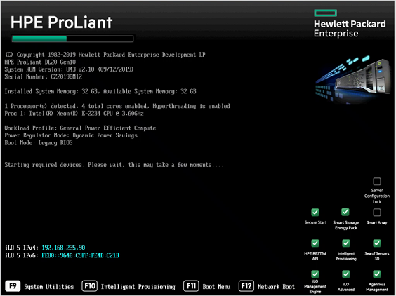 Screenshot che mostra la finestra HPE ProLiant.