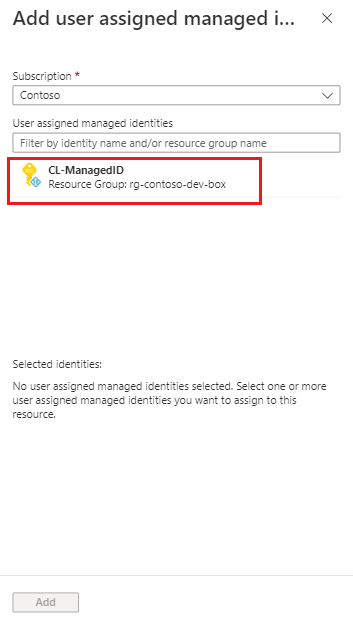 Screenshot che mostra il riquadro per l'aggiunta di un'identità gestita assegnata dall'utente.