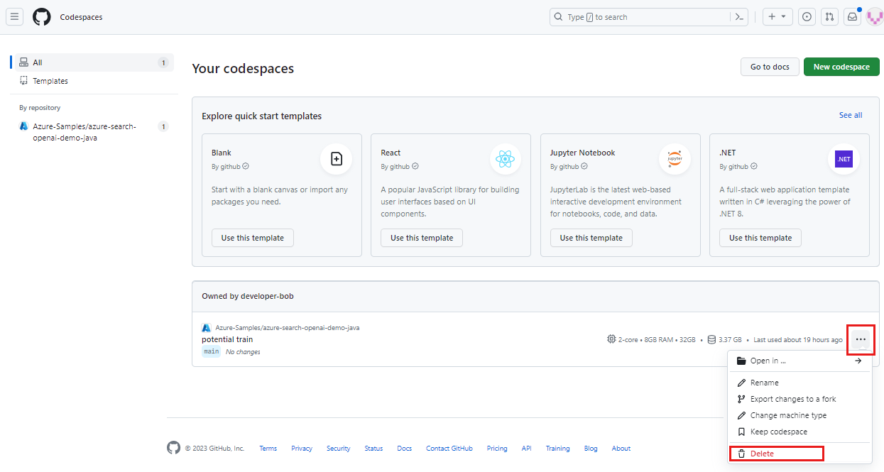 Screenshot del menu di scelta rapida per un singolo codespace con l'opzione di eliminazione evidenziata.