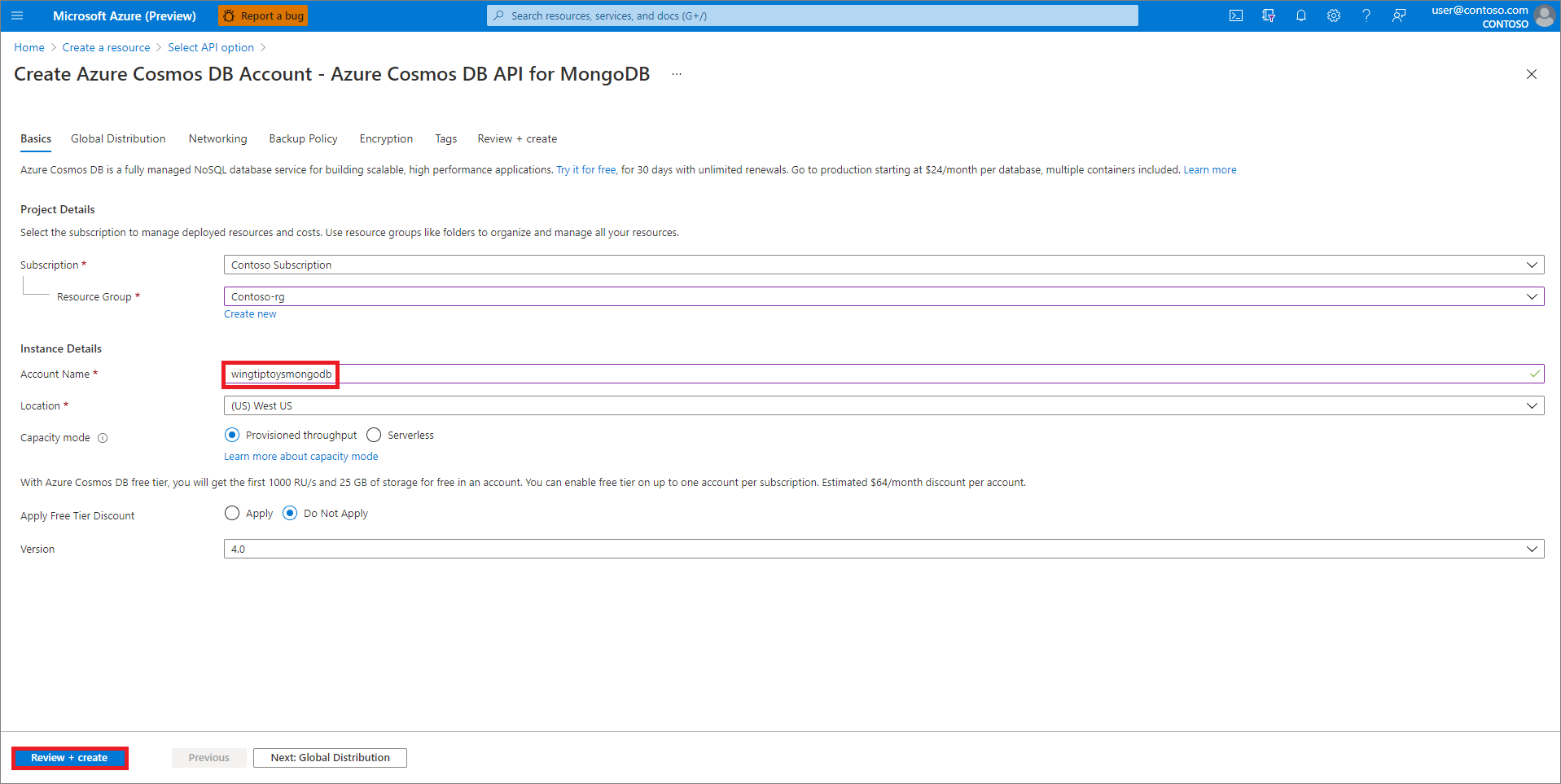 Esaminare le impostazioni dell'account Azure Cosmos DB.