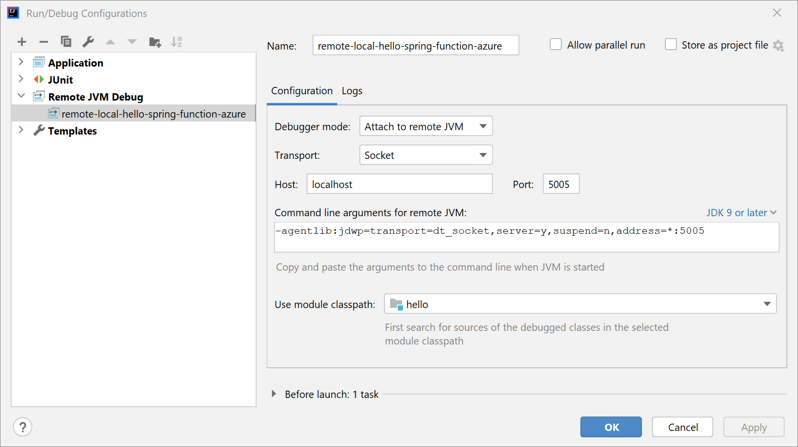 Creare una configurazione di esecuzione di debug JVM remota