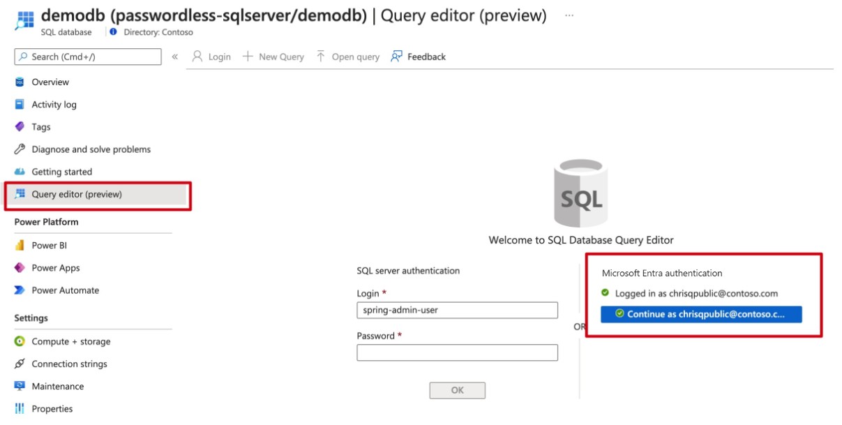 Screenshot di portale di Azure che mostra l'editor di query database SQL.