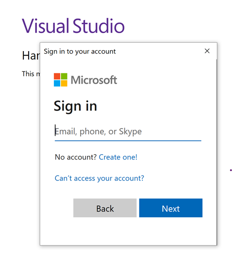 Screenshot che mostra la finestra di dialogo di accesso di Visual Studio.