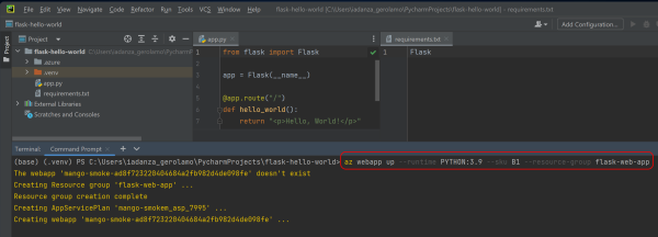 Screenshot dell'IDE PyCharm con un comando dell'interfaccia della riga di comando di Azure che distribuisce un'app Web.