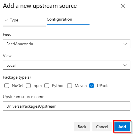 Screenshot che mostra come configurare una nuova origine upstream dei pacchetti universali.