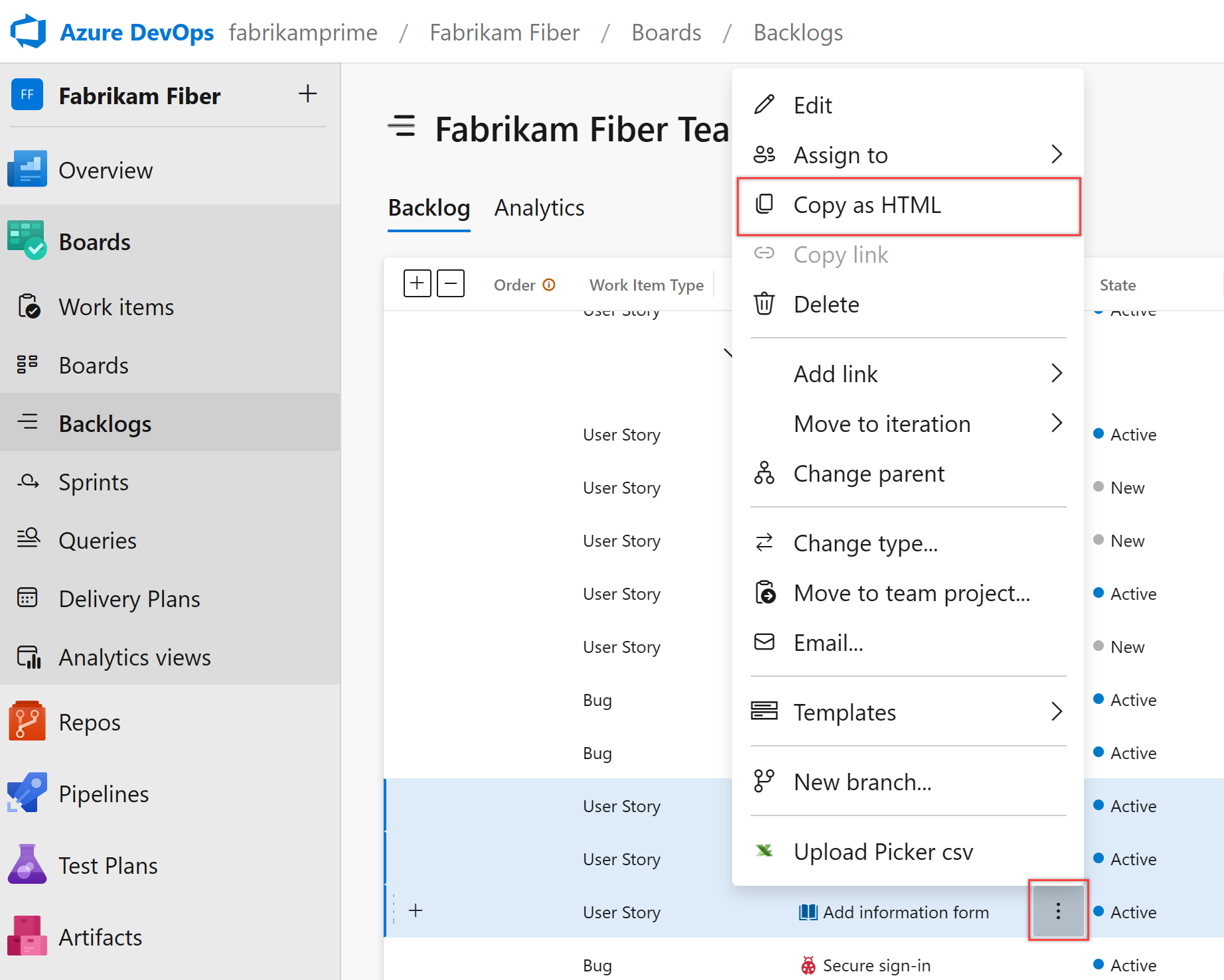 Screenshot che mostra la pagina backlog, gli elementi a selezione multipla, il menu di scelta rapida aperto, Copia come HTML.