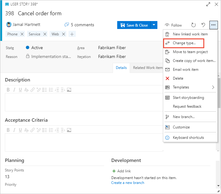 Modulo elemento di lavoro, opzione di menu Modifica tipo elemento di lavoro