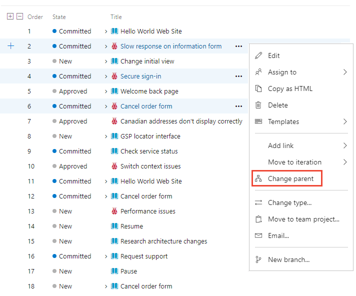 Screenshot dell'opzione di menu Cambia elemento padre di diversi elementi del backlog, versione cloud