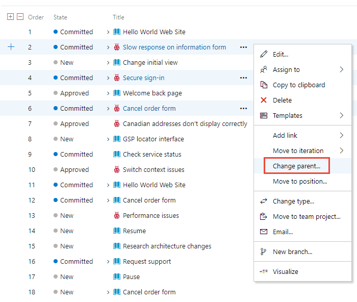 Screenshot dell'opzione di menu Cambia elemento padre di diversi elementi del backlog.