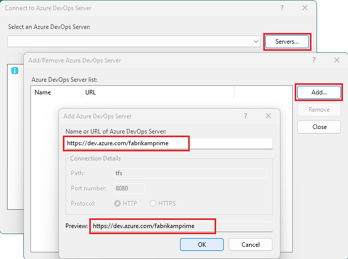 Screenshot che mostra le finestre di dialogo Connetti al server Azure DevOps per aggiungere o rimuovere un server.
