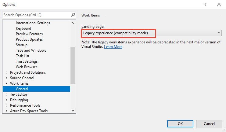 Screenshot che mostra la finestra di dialogo Opzioni di Visual Studio, con Elementi di lavoro e Generale selezionati.