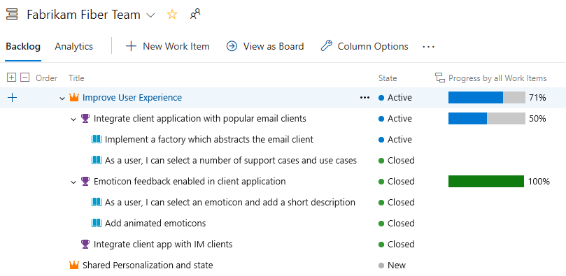 Screenshot del backlog, barre di stato che mostrano il rollup per elementi di lavoro.