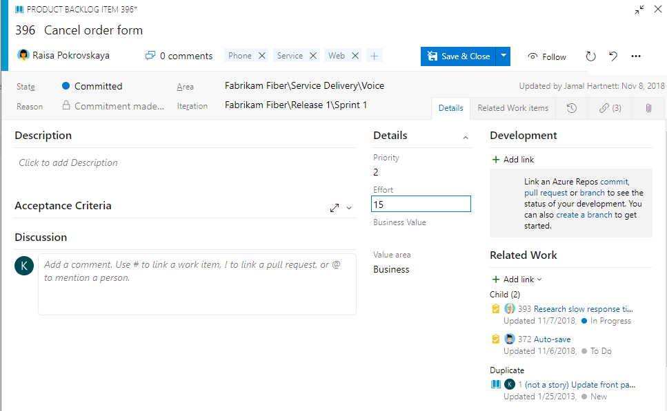 Screenshot che mostra l'aggiunta di dettagli al modulo dell'elemento di lavoro del backlog del prodotto Scrum.