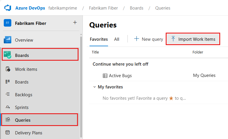 Screenshot che mostra la pagina Boards con Query e quindi Importa elementi di lavoro selezionati.