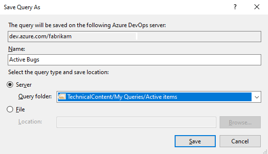 Screenshot di Visual Studio, finestra di dialogo Salva query con nome.