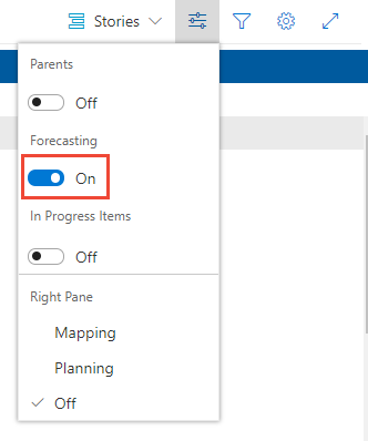 Backlog boards>, menu delle opzioni di visualizzazione, Previsione su