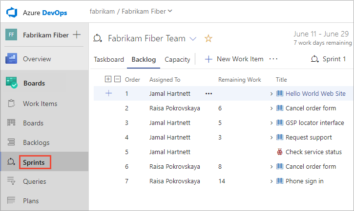 Screenshot del backlog di Boards>Sprints>