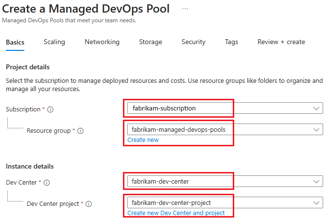 Screenshot delle impostazioni di configurazione iniziali di Create Managed DevOps Pools (Crea pool di DevOps gestiti).