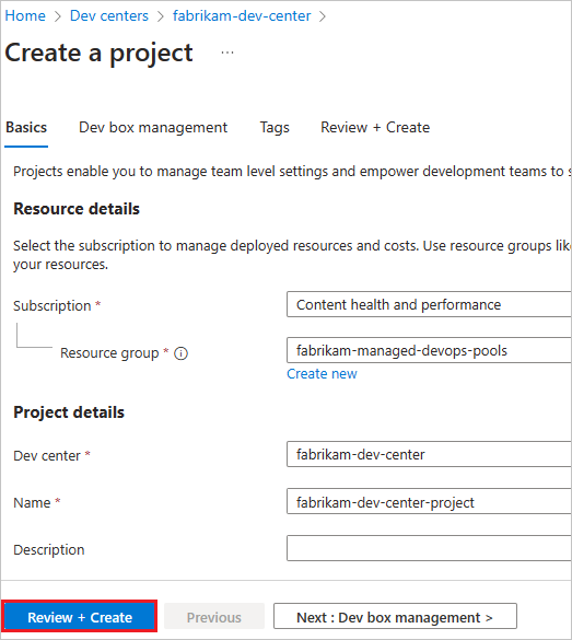 Screenshot di Creare un progetto dev center.