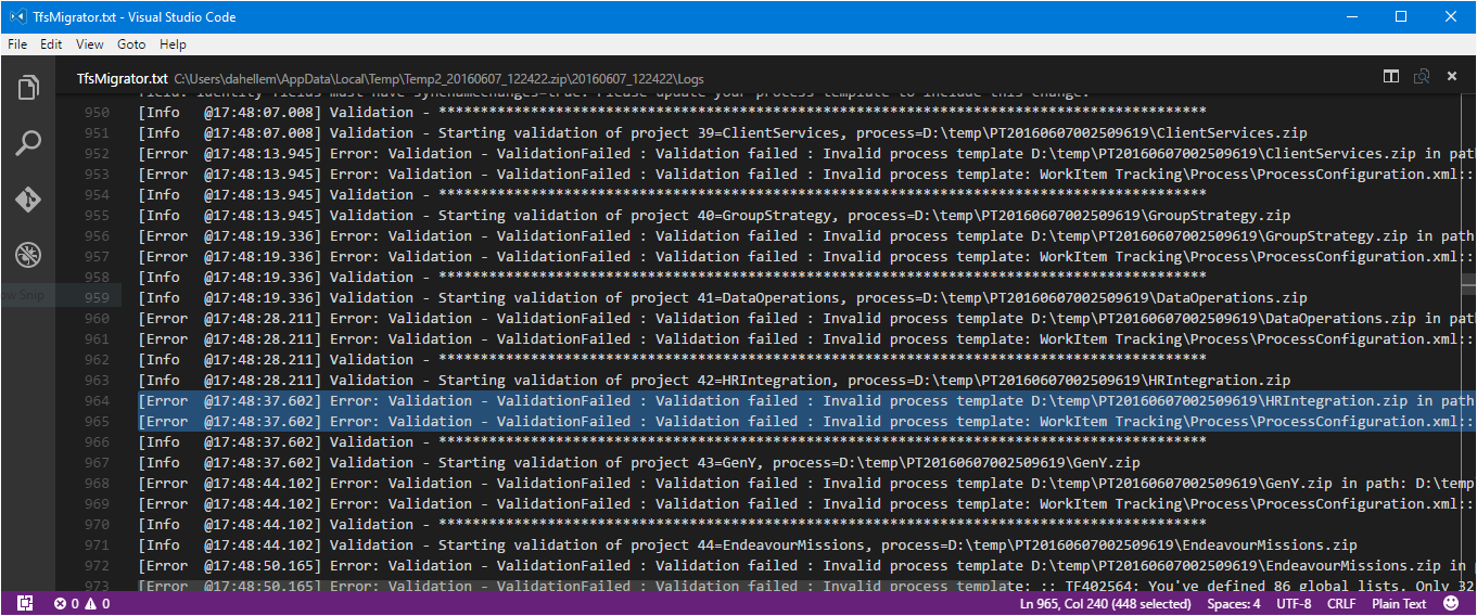 Screenshot del file DataMigrationTool.log generato dallo strumento di migrazione dei dati.