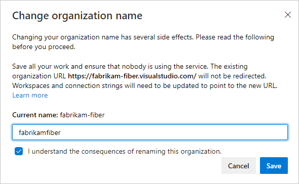 Screenshot che mostra la schermata di conferma per la ridenominazione dell'organizzazione.