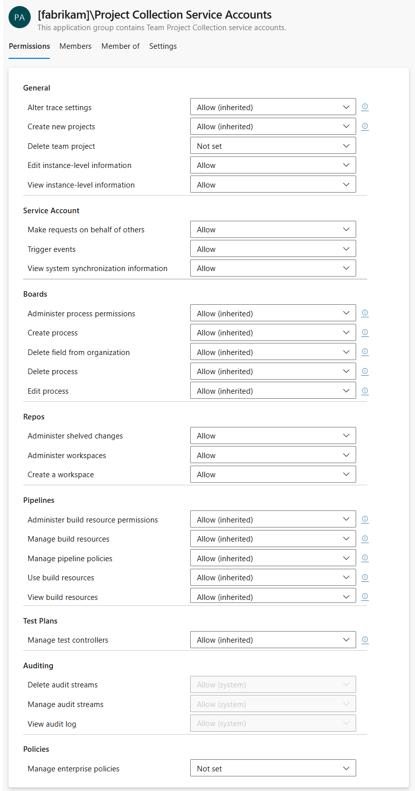 Screenshot delle autorizzazioni e dei gruppi a livello di organizzazione, Azure DevOps Services.