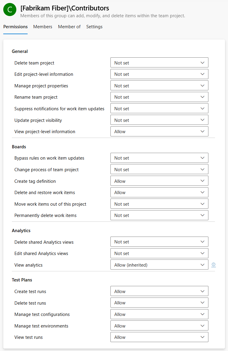 Screenshot della finestra di dialogo Autorizzazioni a livello di progetto, pagina di anteprima di Azure DevOps Services.