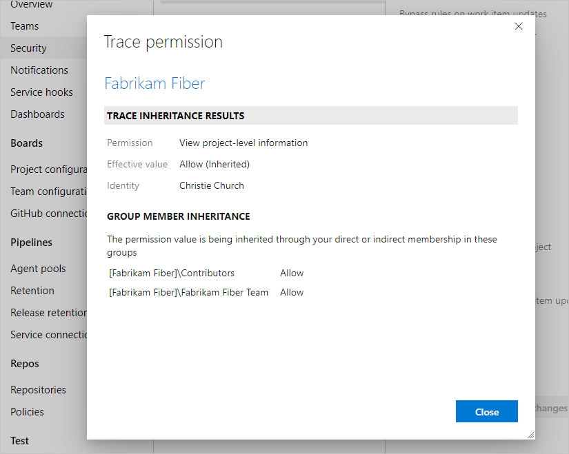 Screenshot della traccia che mostra le autorizzazioni ereditate, Azure DevOps Server 2019.
