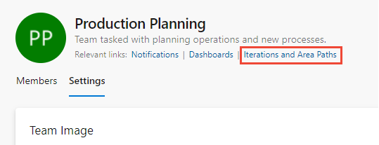 Screenshot delle impostazioni del team, delle iterazioni e delle aree evidenziate, nuova funzionalità di anteprima di Teams abilitata.