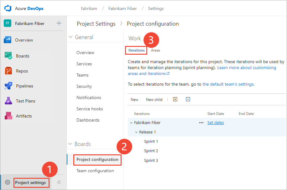 Screenshot di Project Settings (Impostazioni progetto), Project Configuration for Azure DevOps Server 2019 (Configurazione progetto per Azure DevOps Server 2019).