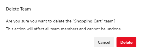 Screenshot della finestra di dialogo di conferma elimina team, pagina nuovi team.