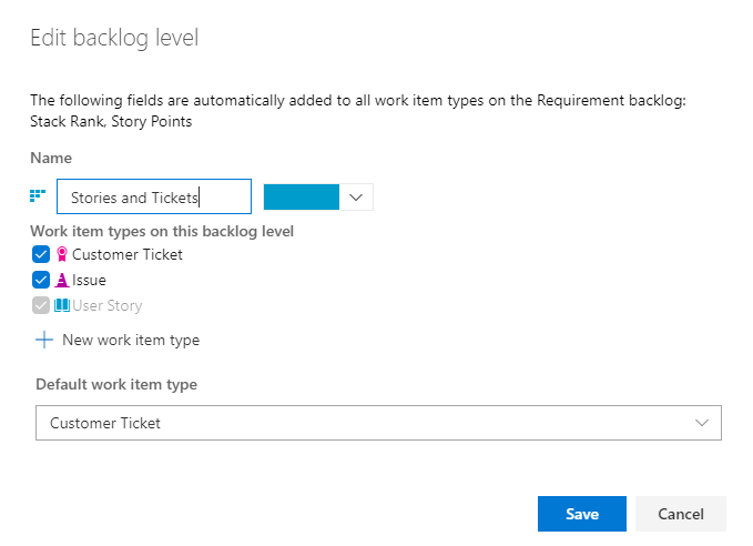 In Modifica backlog le storie e i ticket vengono immessi in Nome ed è presente un elenco di tipi di elementi di lavoro per questo livello di backlog.