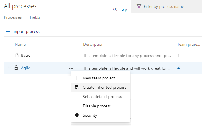 Screenshot del menu di scelta rapida, Scegliere Crea processo ereditato, Azure DevOps.