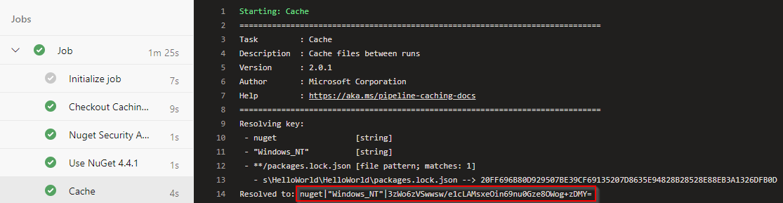 Screenshot che mostra come viene generata la chiave della cache in Azure Pipelines.