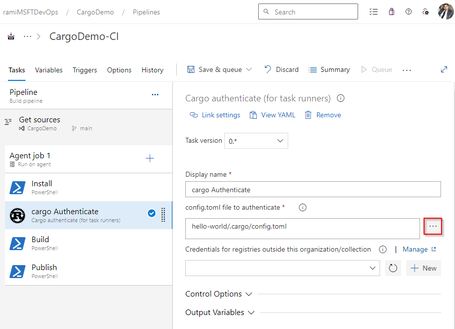 A screenshot showing the Cargo authenticate task in a classic pipeline.