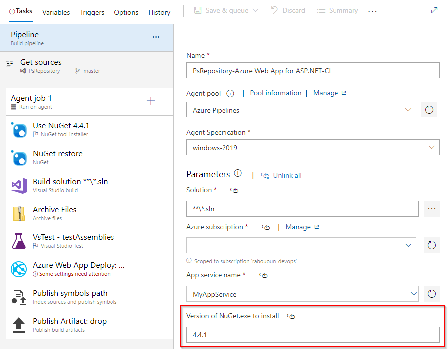 Screenshot che mostra il parametro di processo appena aggiunto in una pipeline classica.