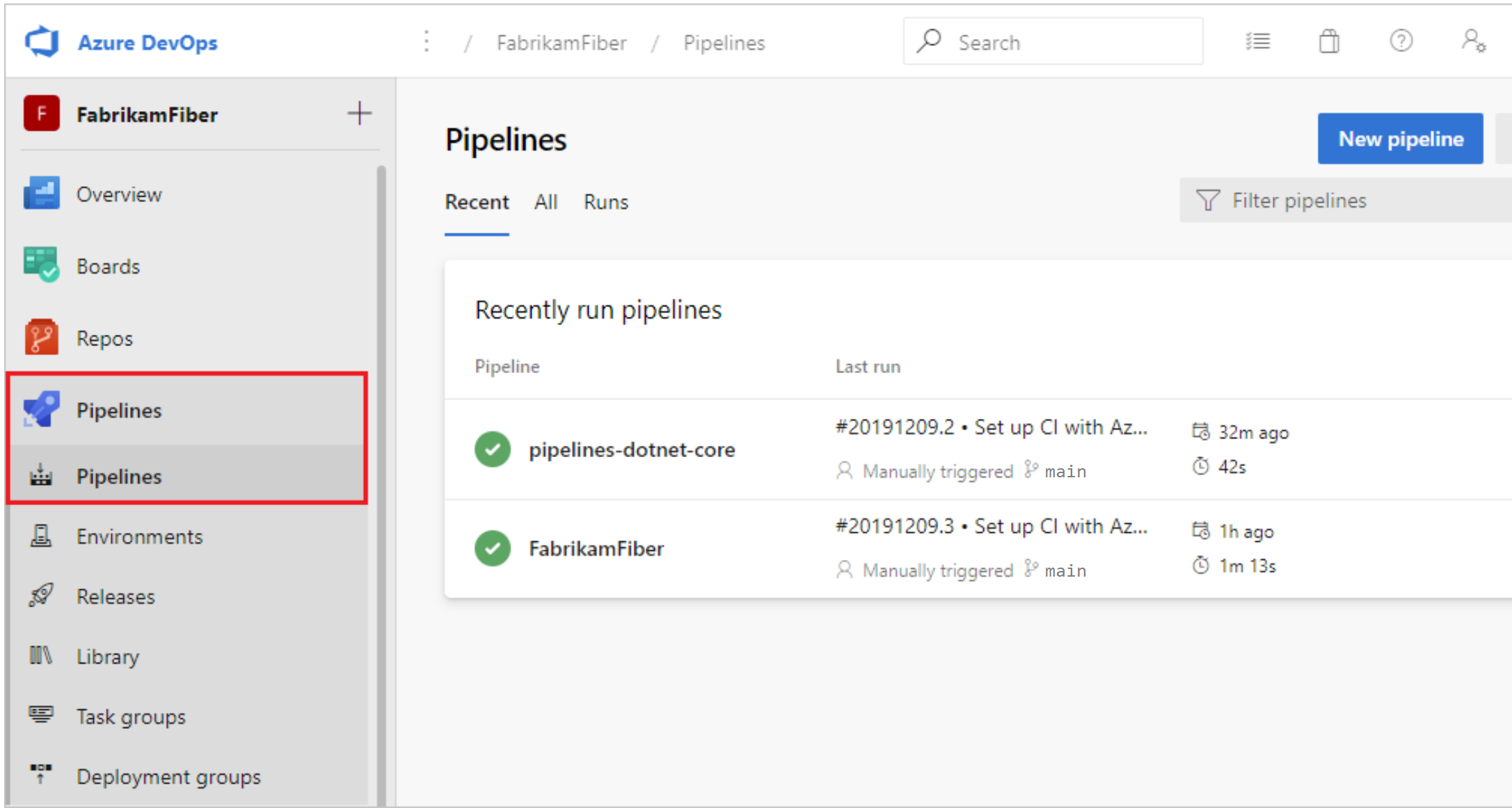 Screenshot della pagina di destinazione delle pipeline.