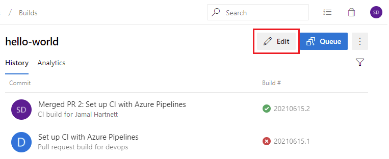 Pulsante di modifica YAML di Azure Pipelines in Azure DevOps Server 2019 Update 1.