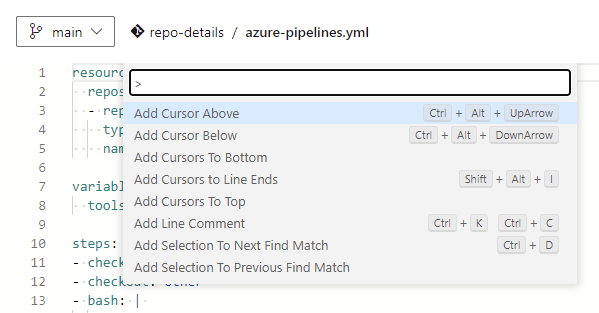 Riquadro comandi dell'editor di pipeline YAML.